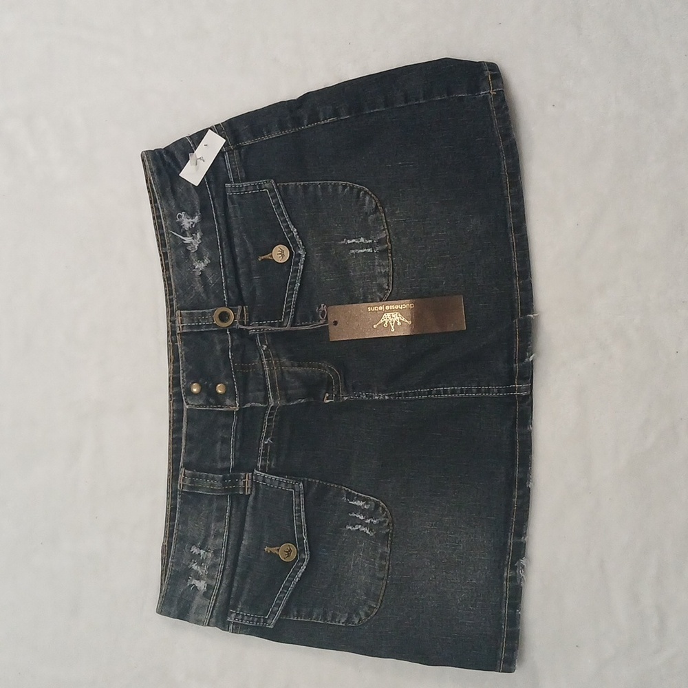 Trendy Dark Wash Distressed Mini Skirt Small